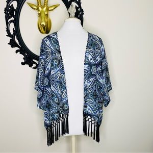 Atmosphere Black, Blue and Turquoise Paisley Print Fringe Kimono